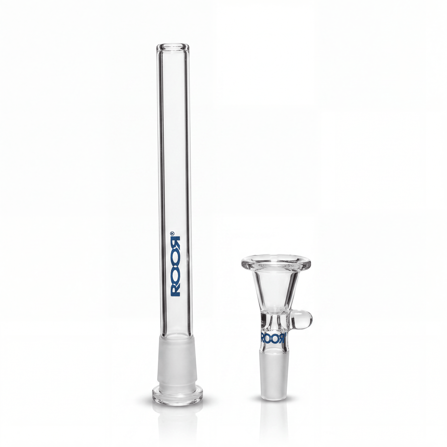 ROOR® Downstem and Bowl Set with blue color decal showcasing measuring guide and product details