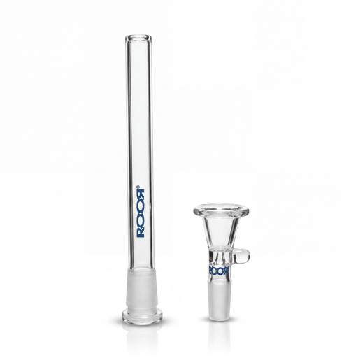 ROOR® Downstem and Bowl Set with blue color decal showcasing measuring guide and product details