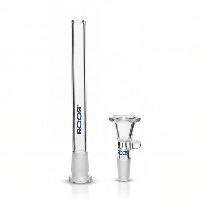 ROOR® Downstem and Bowl Set with blue color decal showcasing measuring guide and product details