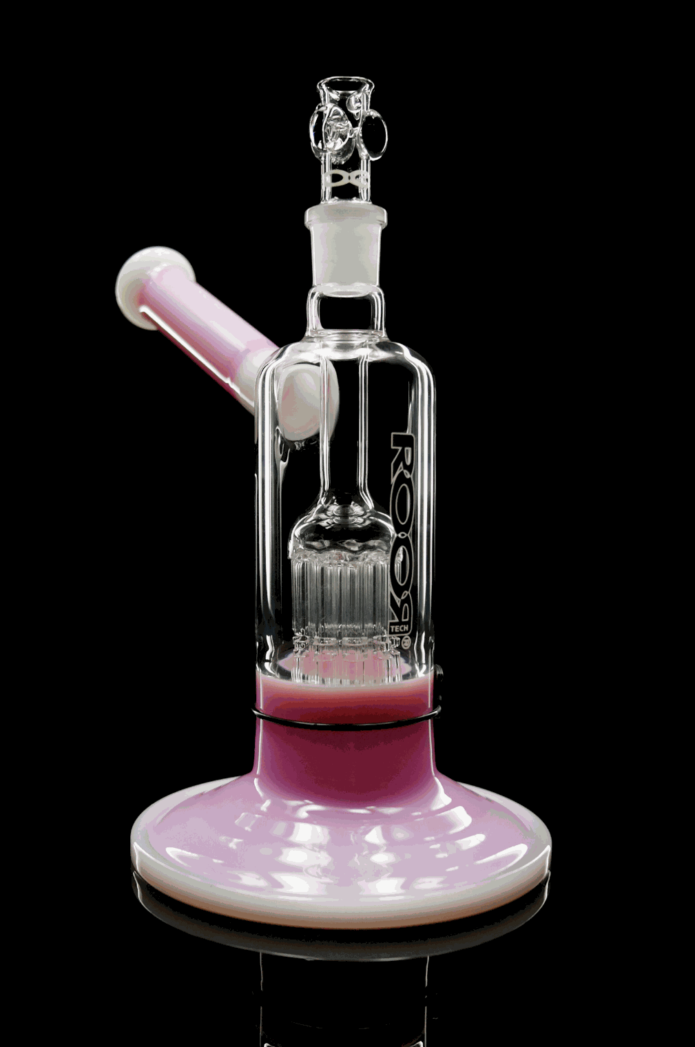 ROOR® Tech Fixed 10-Arm Tree Bubbler pink and white glass stemless bubbler with 10-arm tree percolator and sturdy base