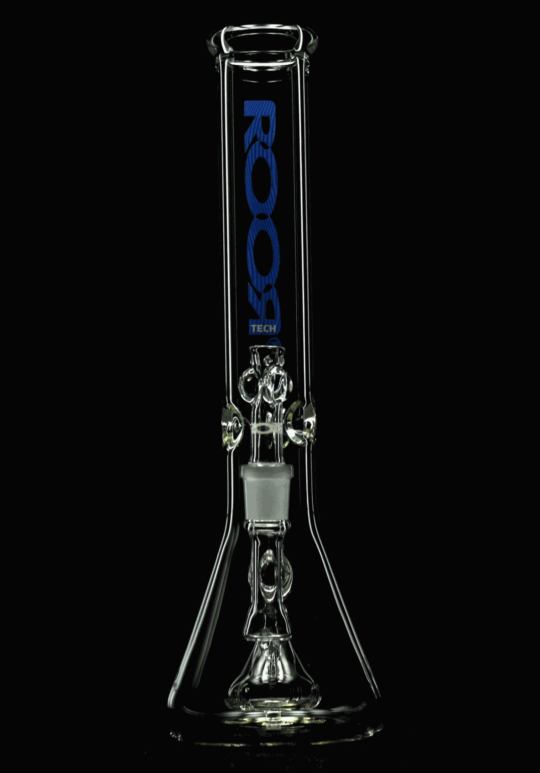 ROOR® Tech Fixed 14" Beaker 50x5mm with blue logo, clear glass design, featuring ice pinches and fixed stemless design.