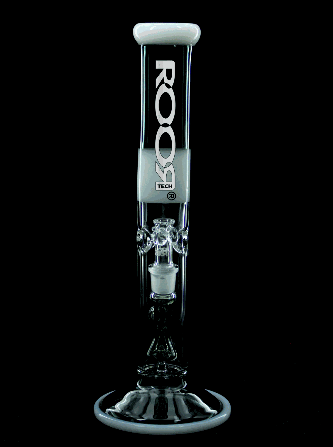 ROOR Tech Fixed 14” straight glass tube bong in smokey grey and white with built-in percolator and ice pinches