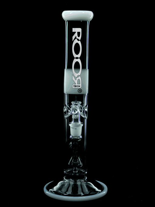 ROOR Tech Fixed 14” straight glass tube bong in smokey grey and white with built-in percolator and ice pinches