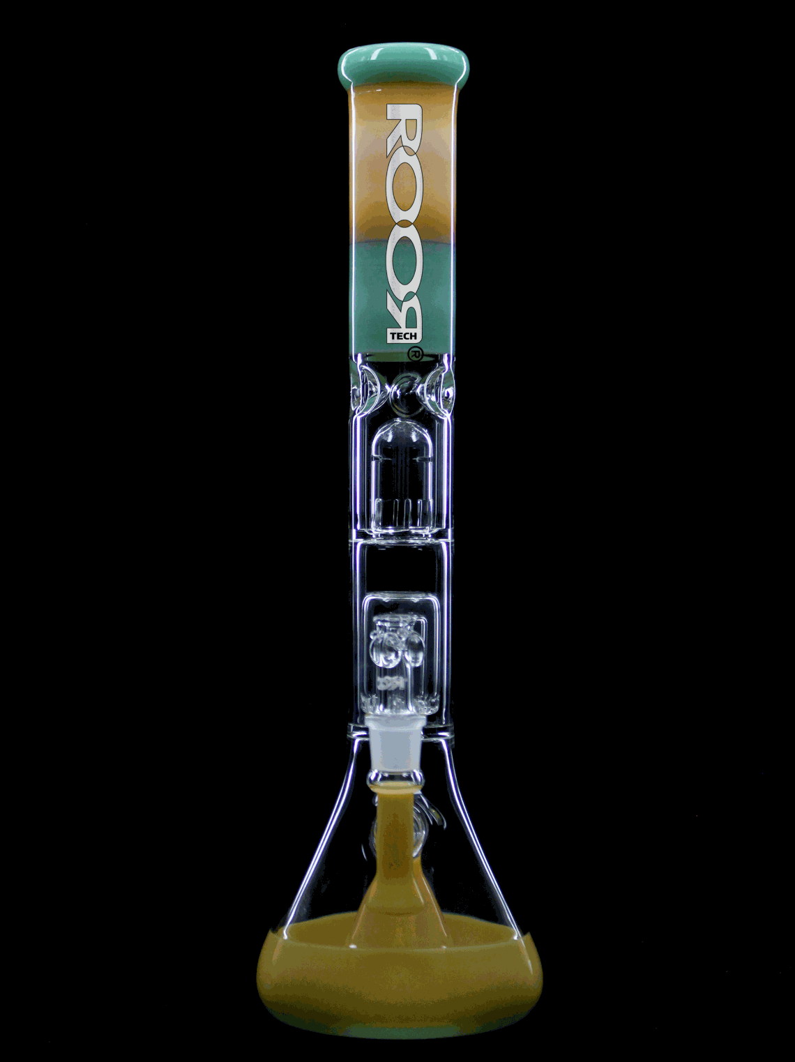 ROOR Tech Fixed 18" Beaker with Barrel Perc in Tangie and Mint colors made from German Duran Schott glass