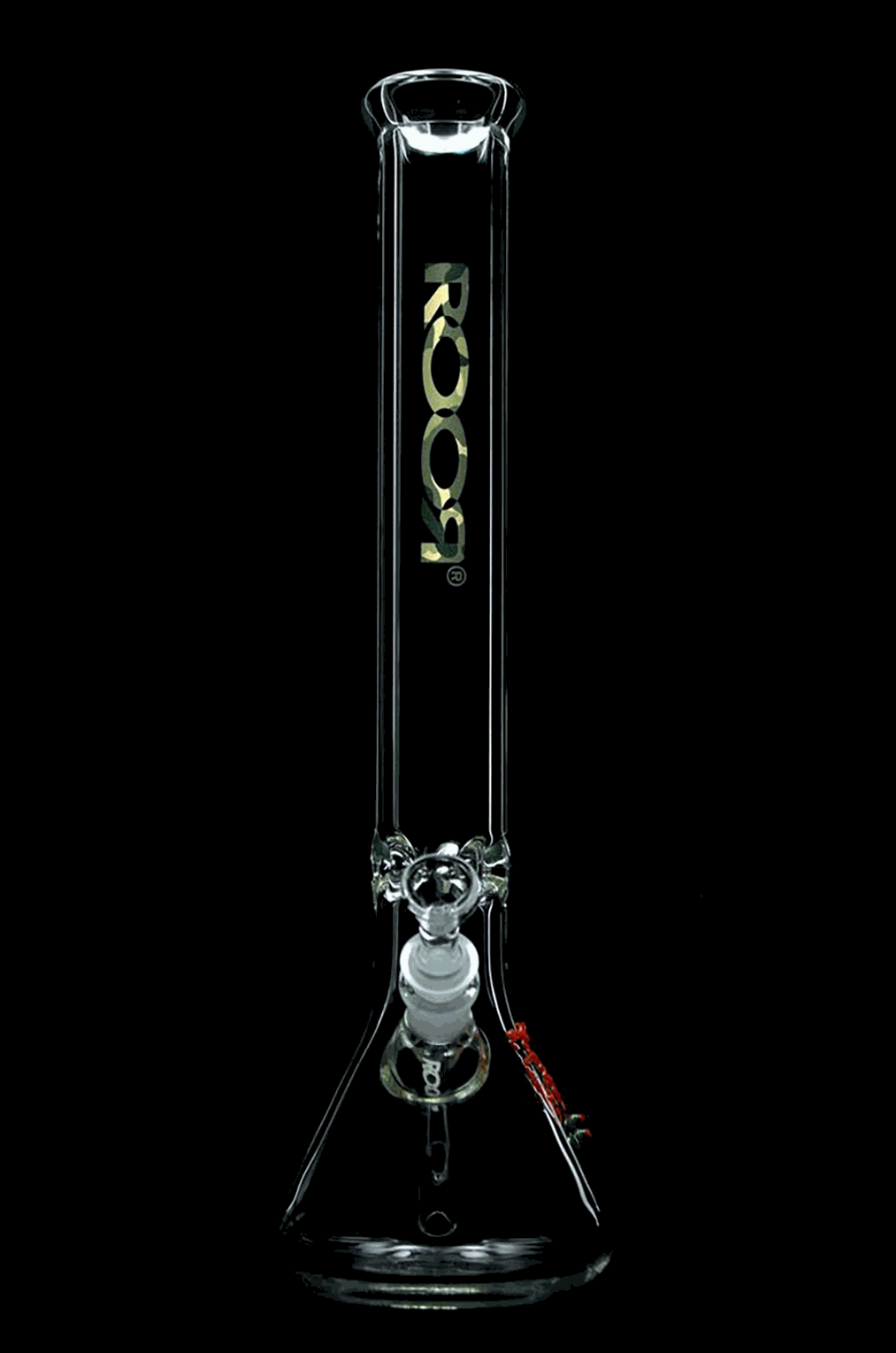 ROOR Classic 18-inch clear glass beaker bong with camo decal and gold logo, made from 45x5mm German Schott glass.