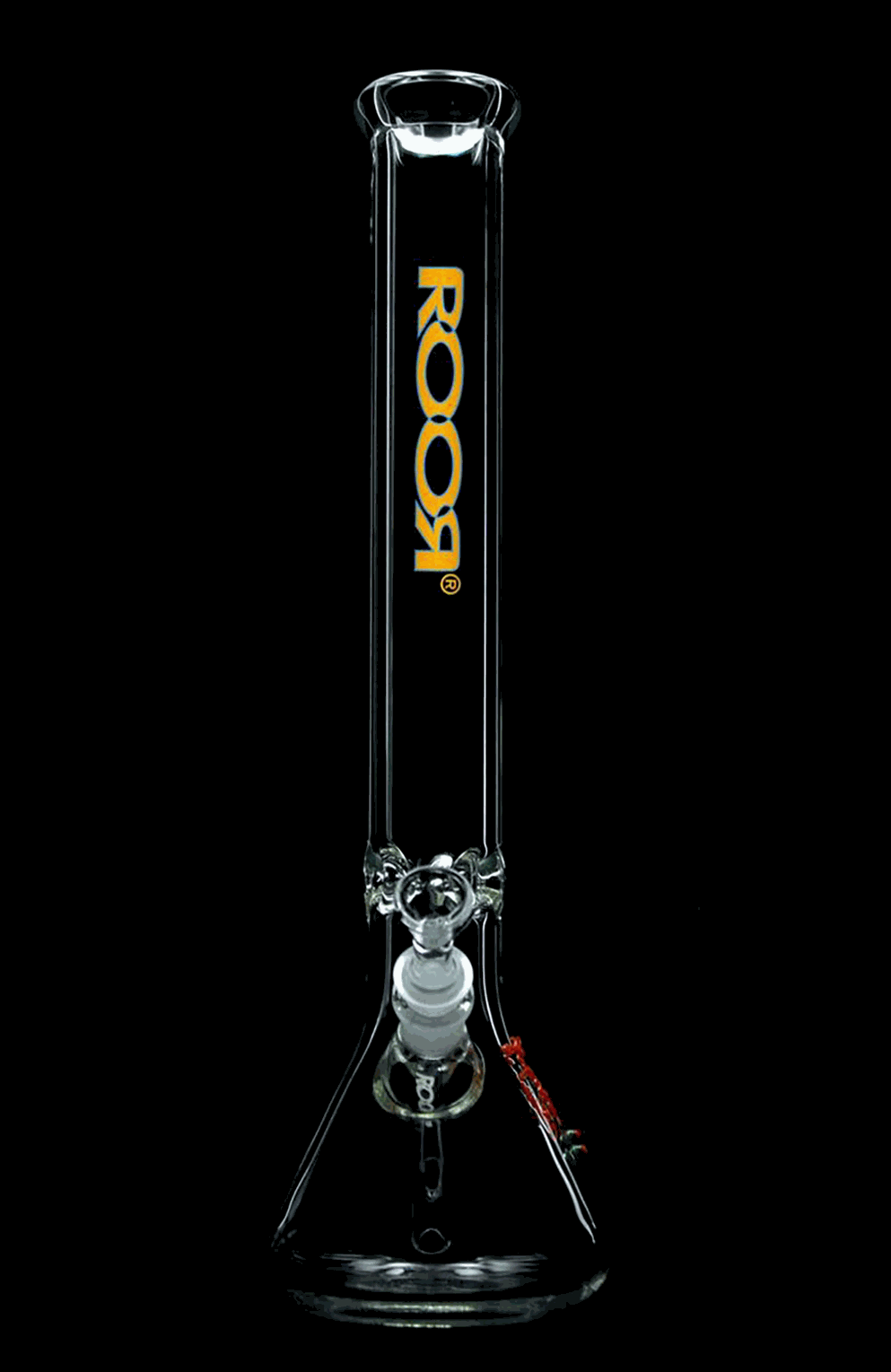ROOR Classic 18 inch beaker bong with orange and blue decal, 50x5mm thick German Schott glass, ice pinch, and hand-cut downstem.