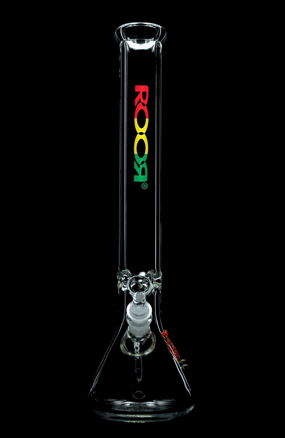ROOR Classic 18 inch beaker bong with 50x5mm German Schott glass and Rasta logo in red, yellow, and green colors on a black background