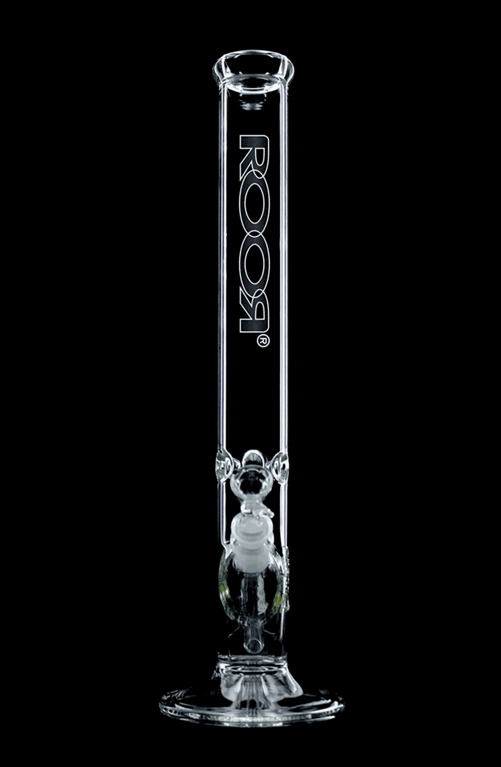 ROOR Classic 18-inch straight glass bong with black and white logo on clear German Schott glass
