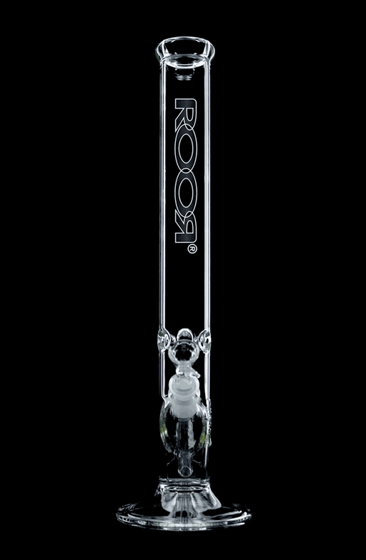 ROOR Classic 18-inch straight glass bong with black and white logo on clear German Schott glass