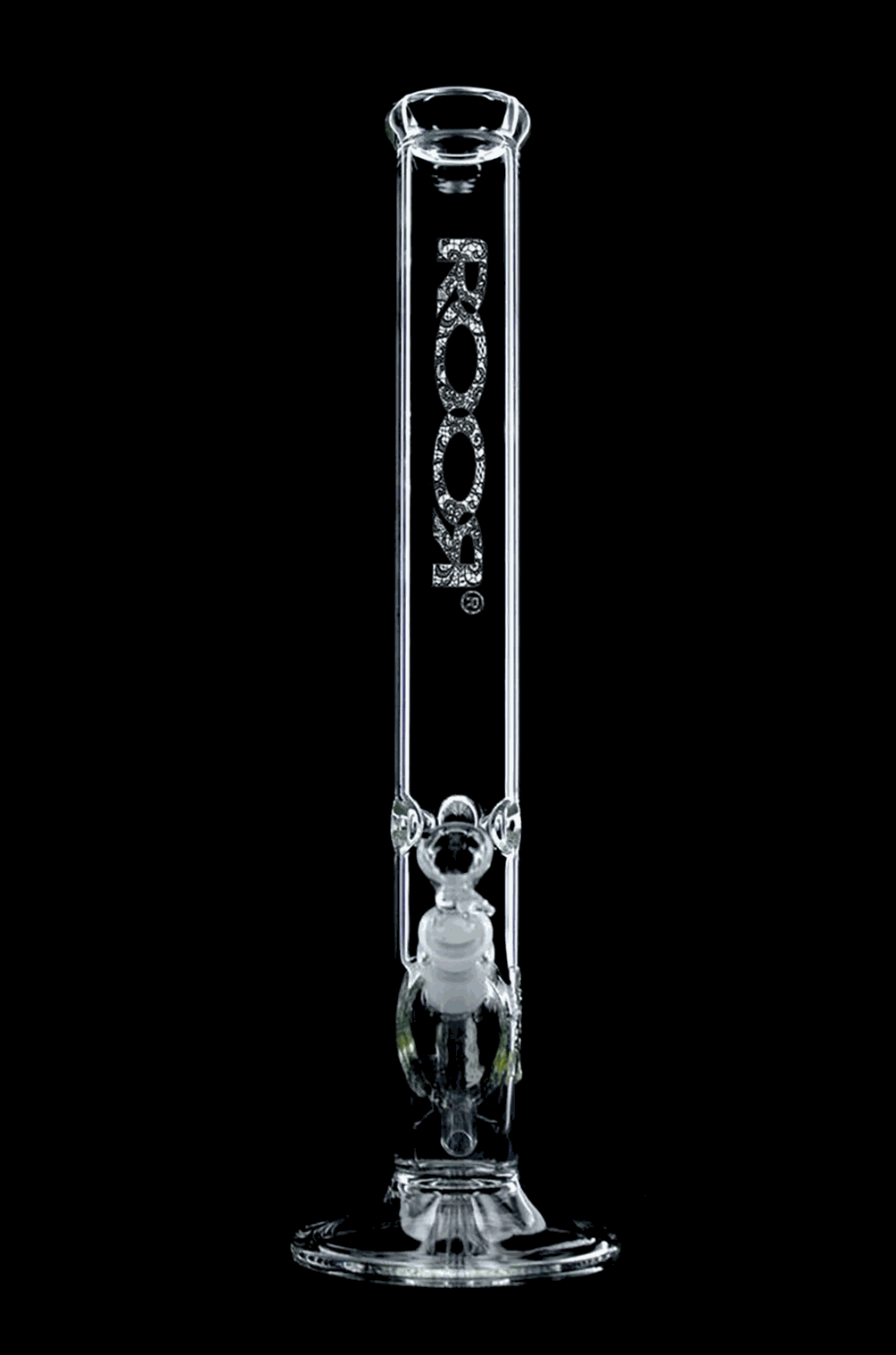ROOR Classic 18 inch straight glass bong with lace decal and ice pinches on black background