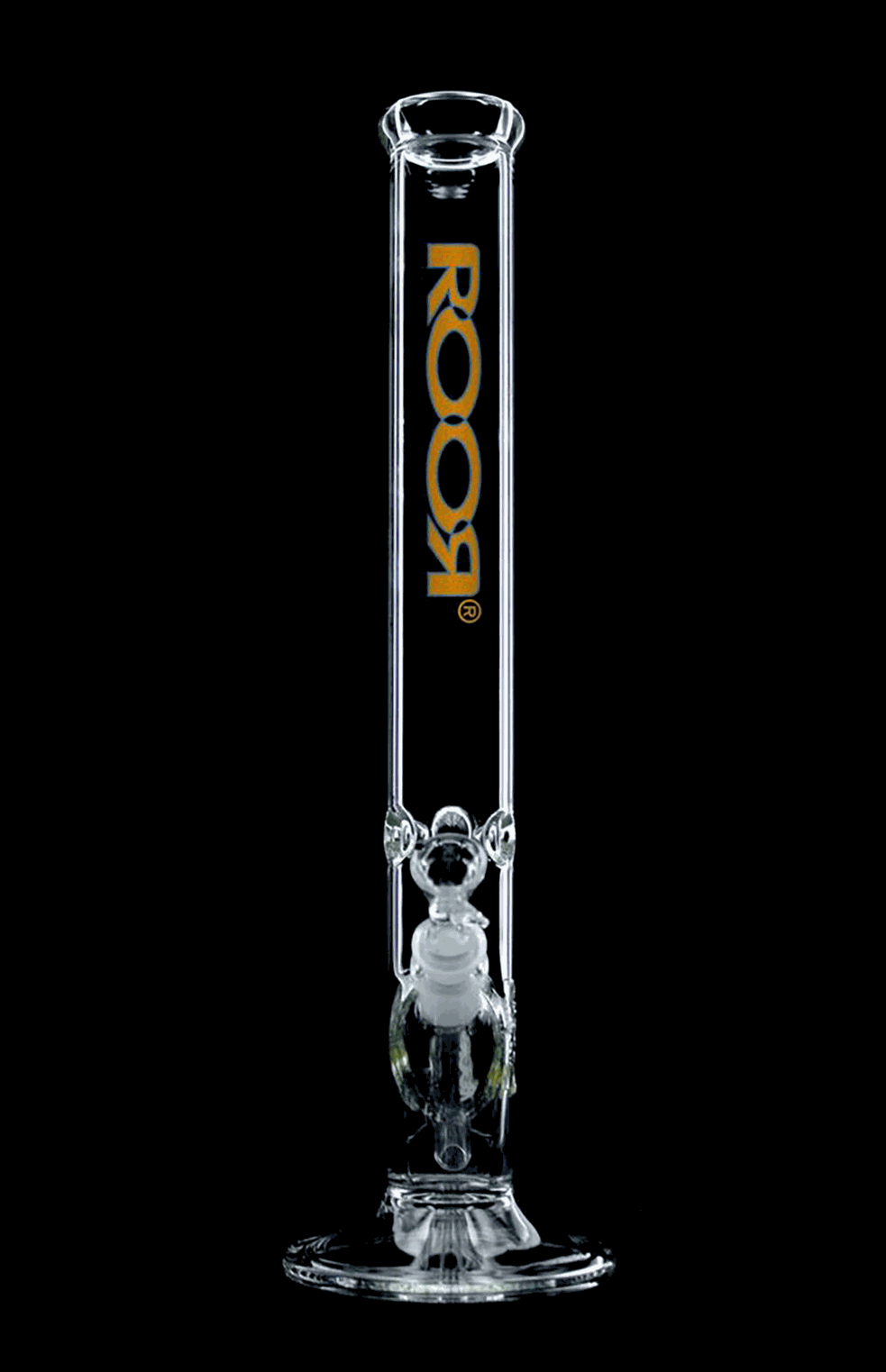 ROOR Classic 18" straight glass bong with orange and blue logo on black background