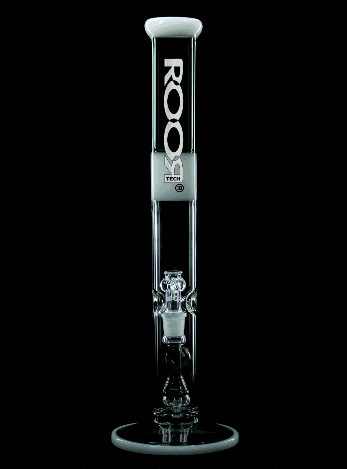 ROOR® Tech Fixed 18” Straight, 50x5mm, Smokey Grey & White glass tube with ice-pinches and 18.8mm bowl.