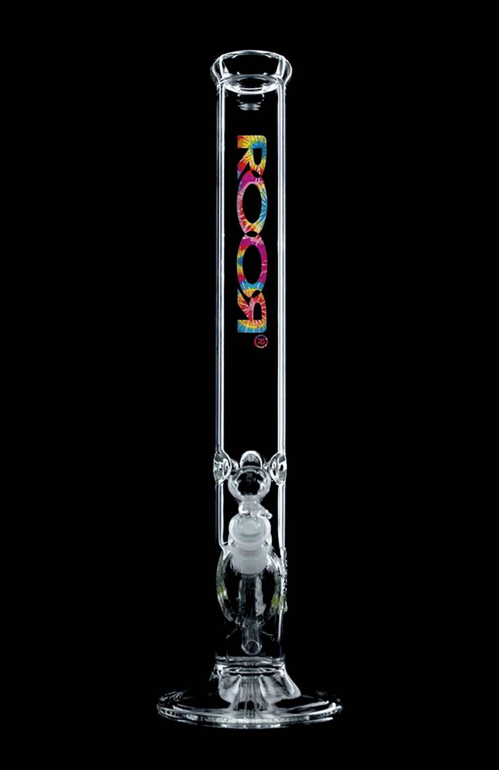 ROOR Classic 18" straight glass bong with 50x5mm German Schott glass and colorful tie dye logo.