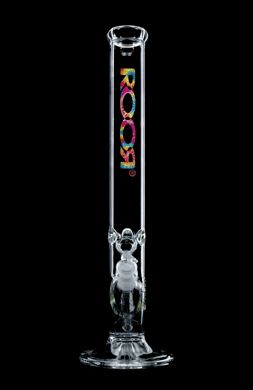 ROOR Classic 18" straight glass bong with 50x5mm German Schott glass and colorful tie dye logo.