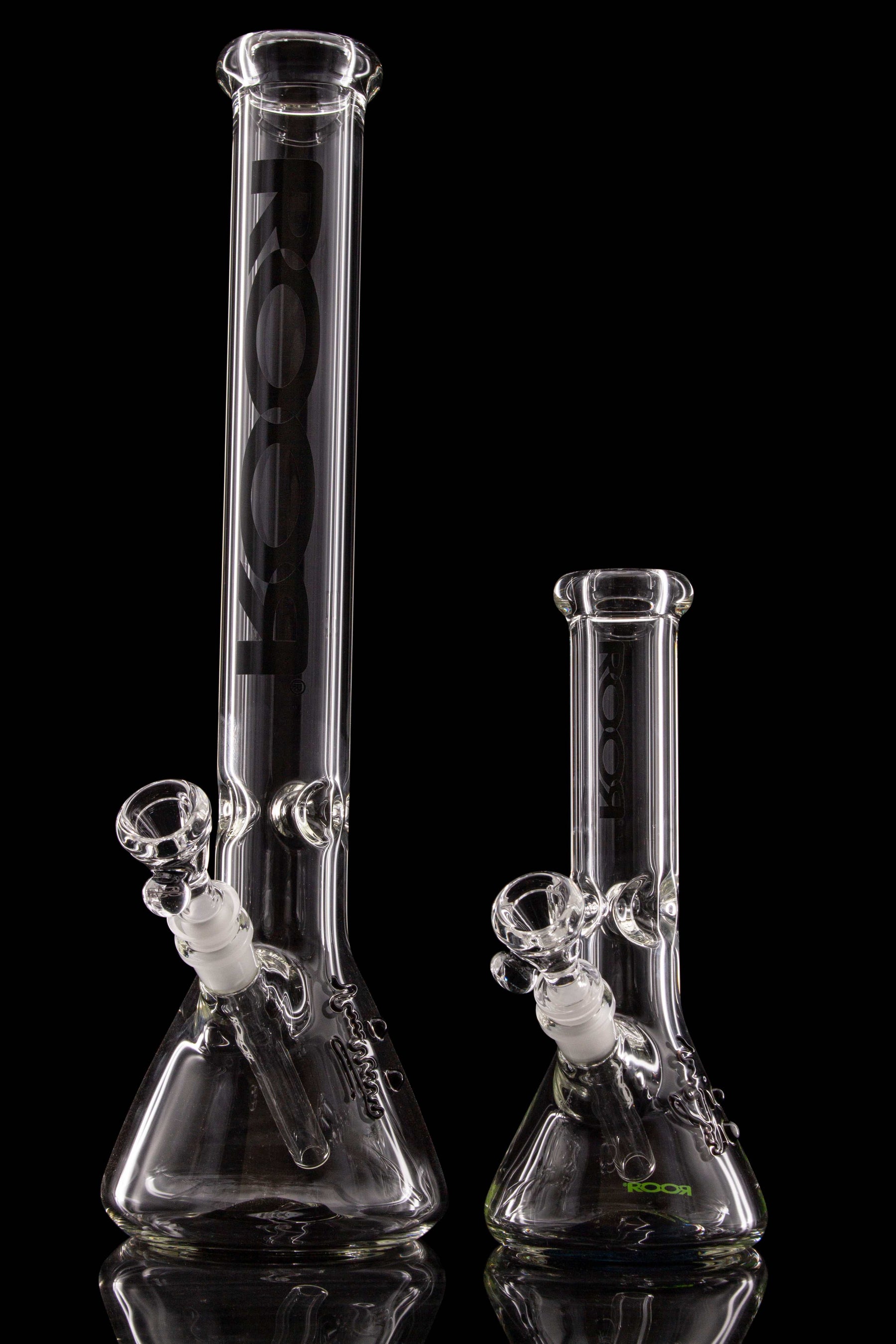 ROOR® 10" Beaker glass bong 40x7mm with ice pinches and signature logo on black background