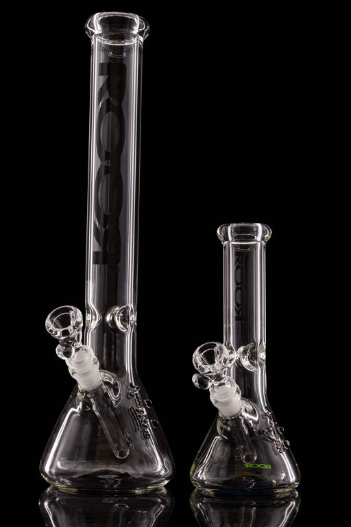 ROOR® 10" Beaker glass bong 40x7mm with ice pinches and signature logo on black background