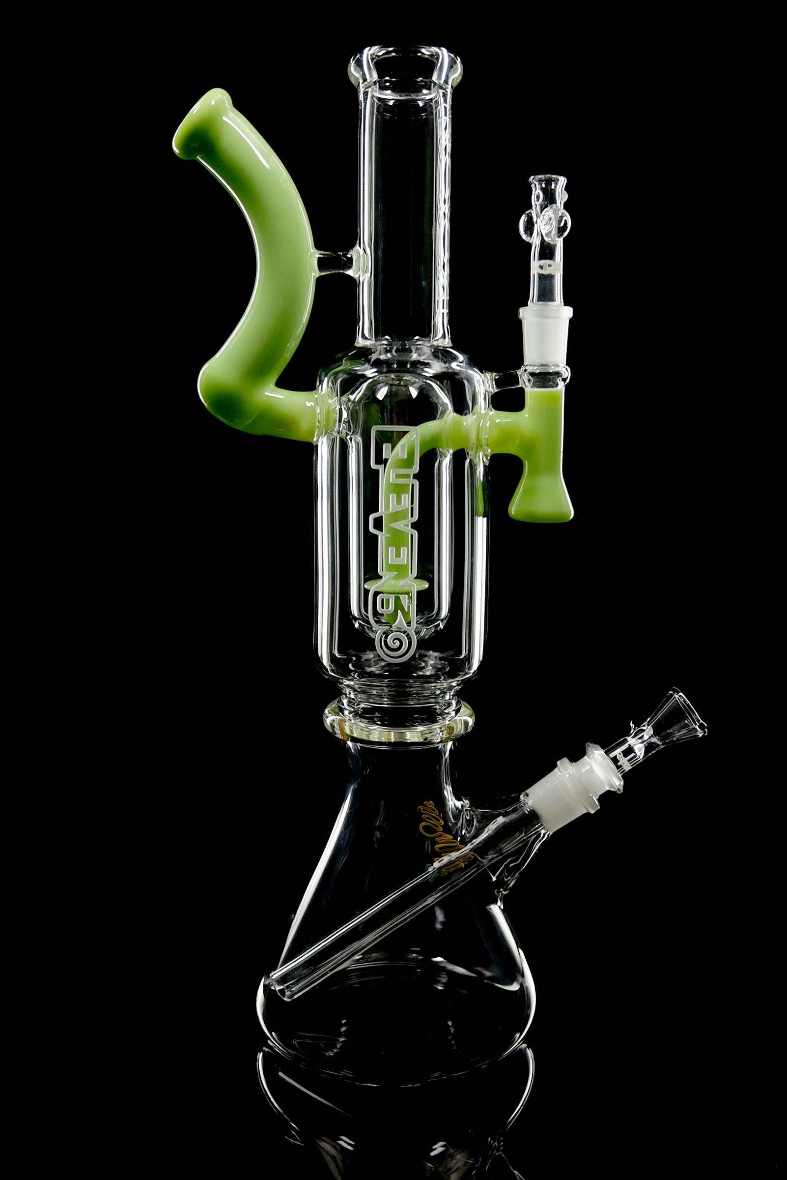 ROOR® 1130 Beaker Green glass water pipe with green accents and clear body on black background