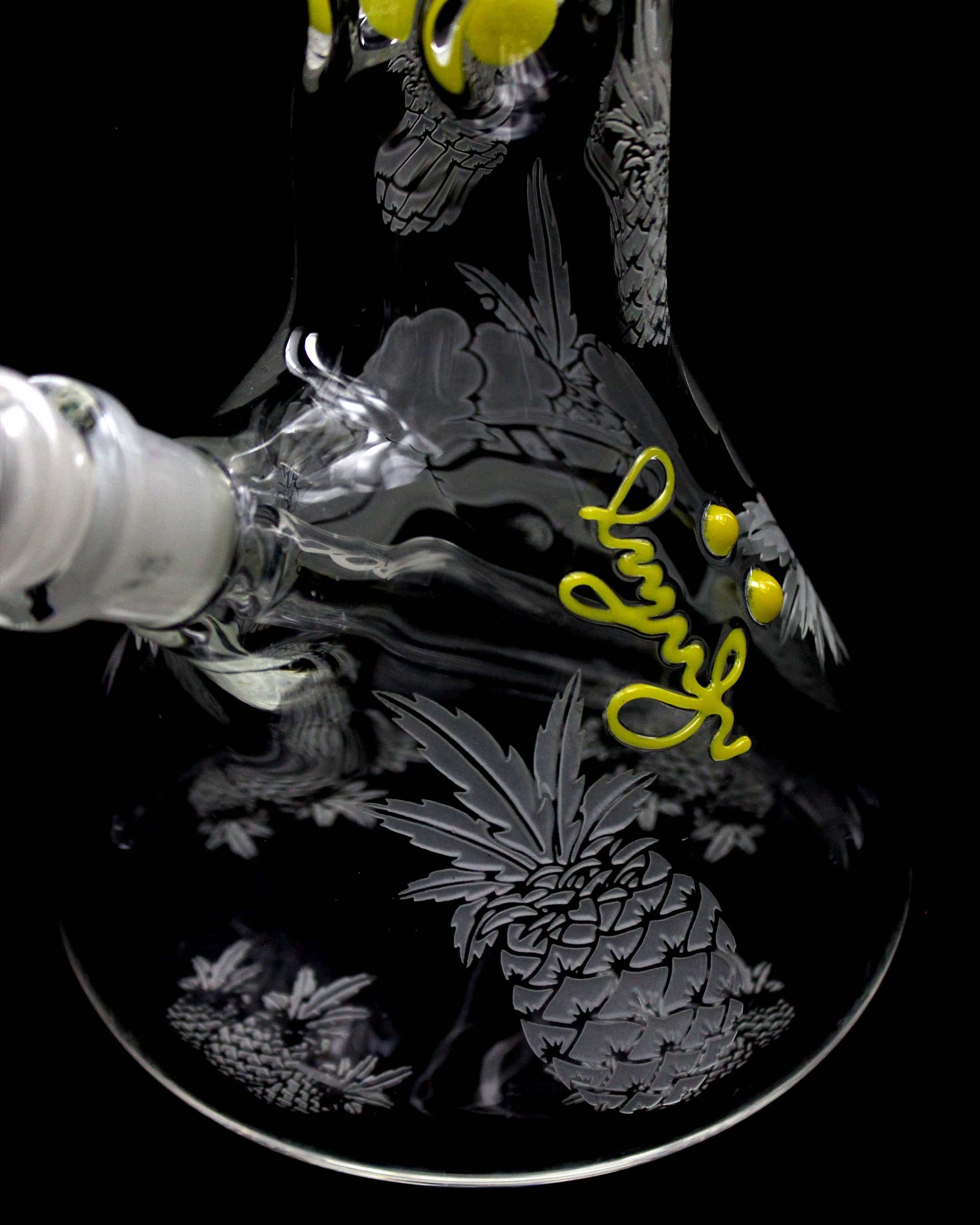 ROOR Custom Pineapple Express 14" beaker water pipe with sandblasted pineapple design and yellow accents