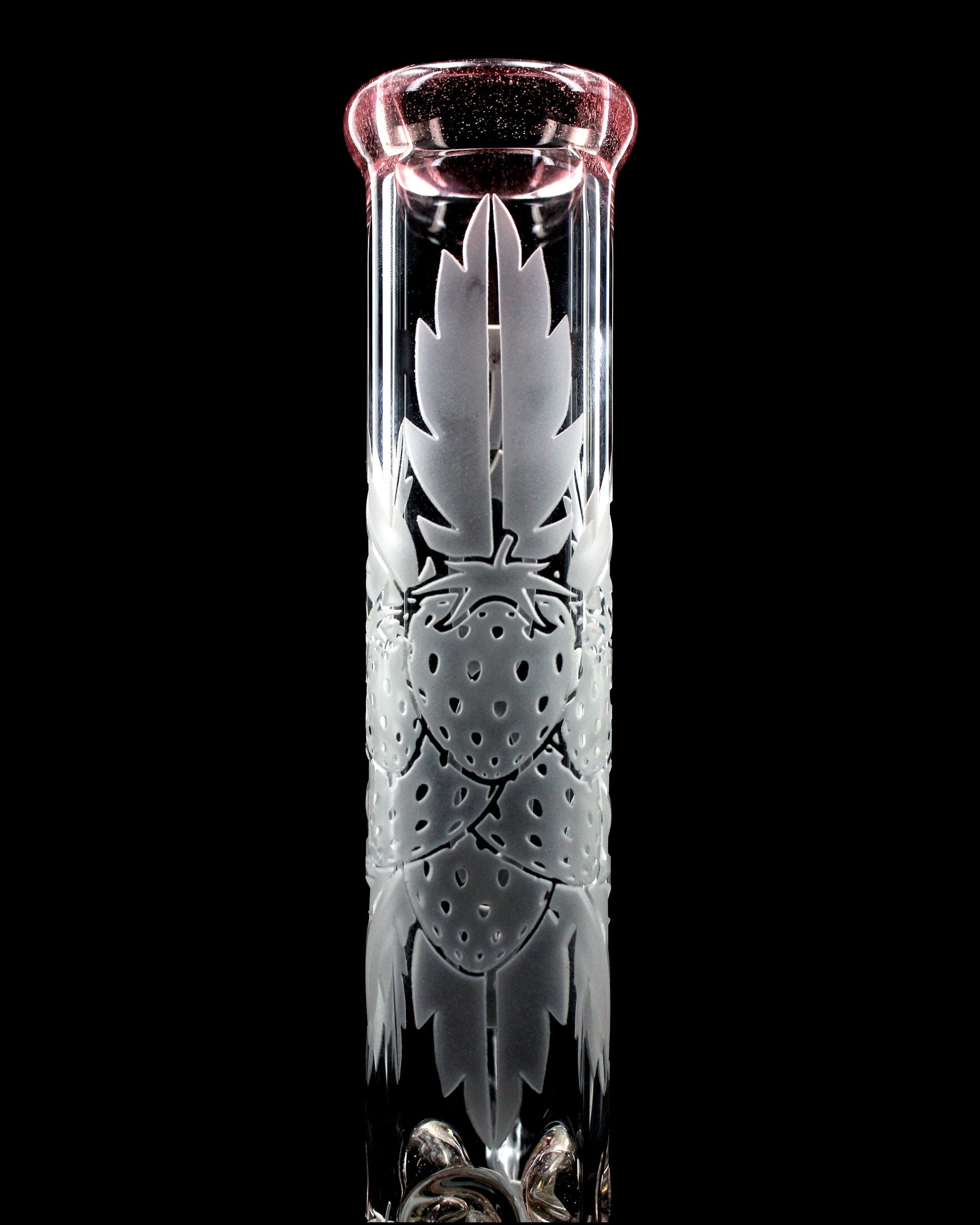 Strawberry Dream 14" Beaker with sandblasted strawberry design and colored mouthpiece.