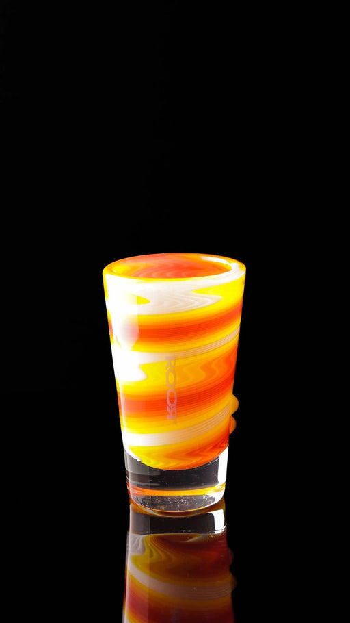 ROOR® Shot Glass Custom Worked with vibrant orange and yellow colors on a clear base.