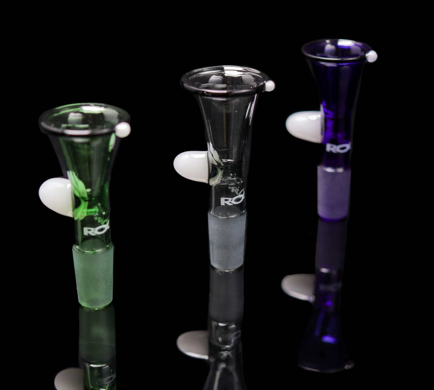 ROOR® 14mm full color funnel bowls with round handle in green, gray, and blue variations on black background.