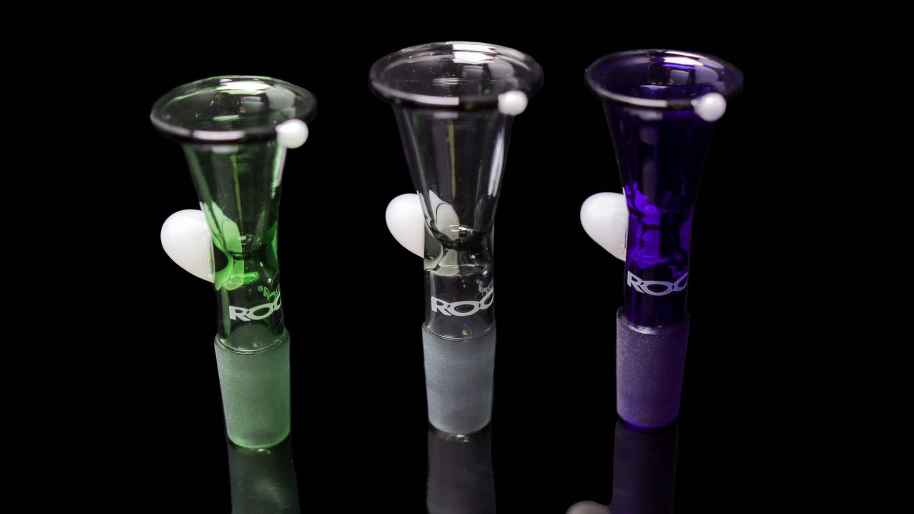 ROOR® 14mm full color funnel bowls with round handle in green, gray, and blue.
