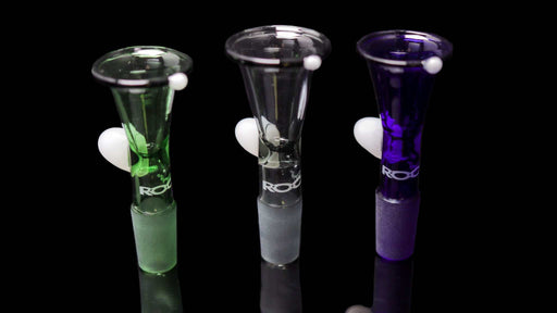 ROOR® 14mm full color funnel bowls with round handle in green, gray, and blue.