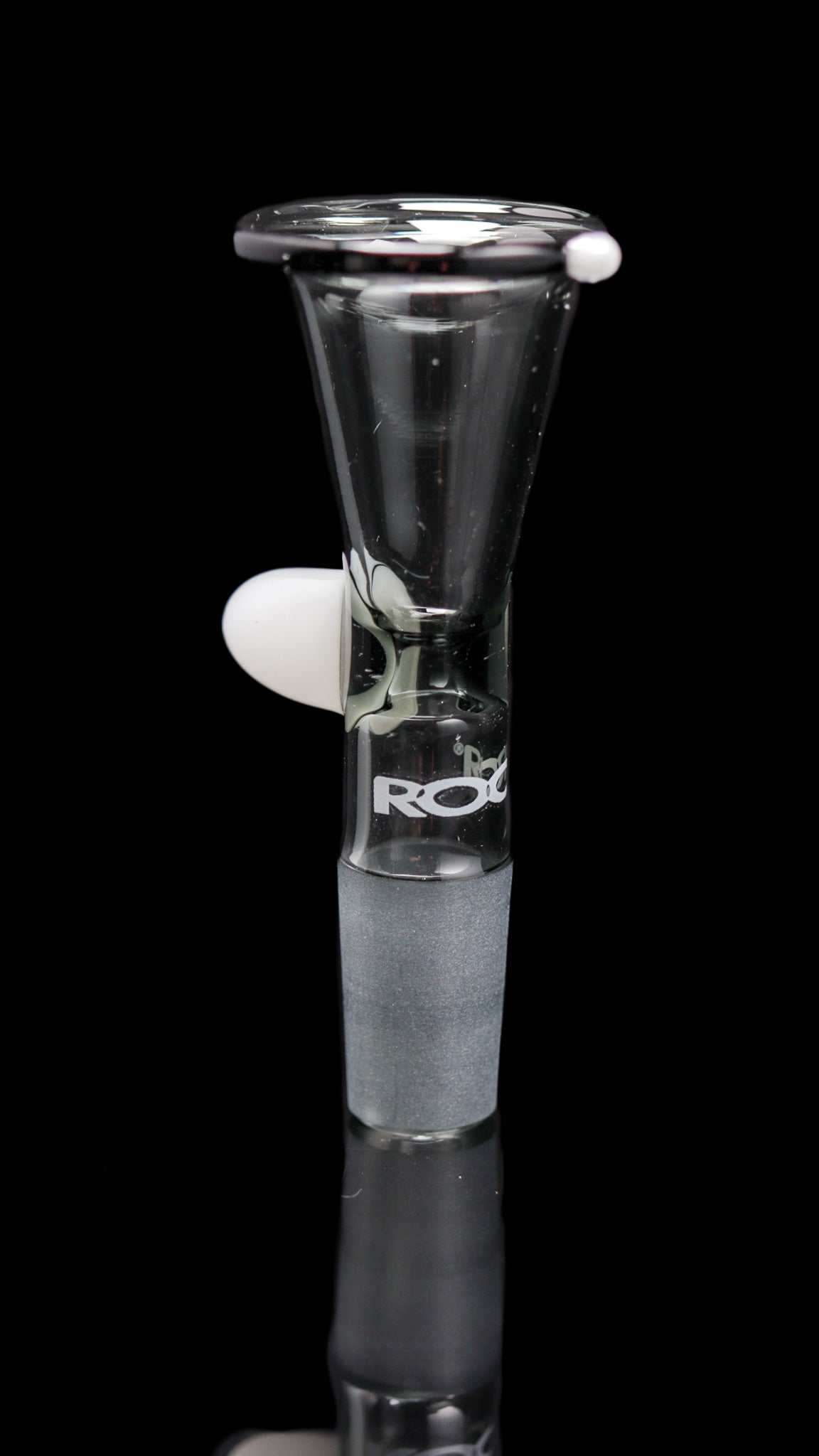 ROOR® 14mm full color funnel bowl with round handle in white glass, medium size, on black background.