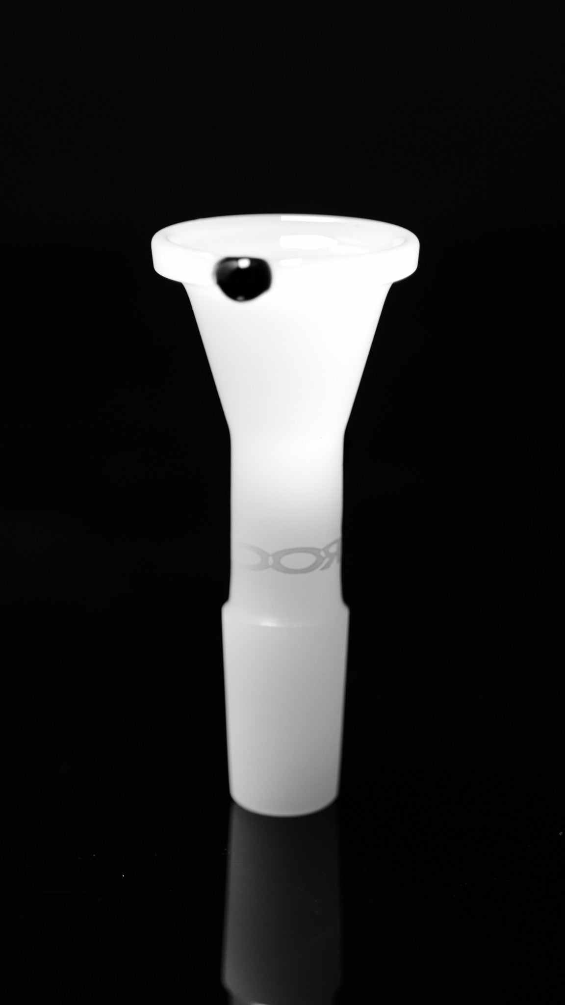 ROOR® 14mm white funnel bowl with black round handle, handcrafted glass piece.