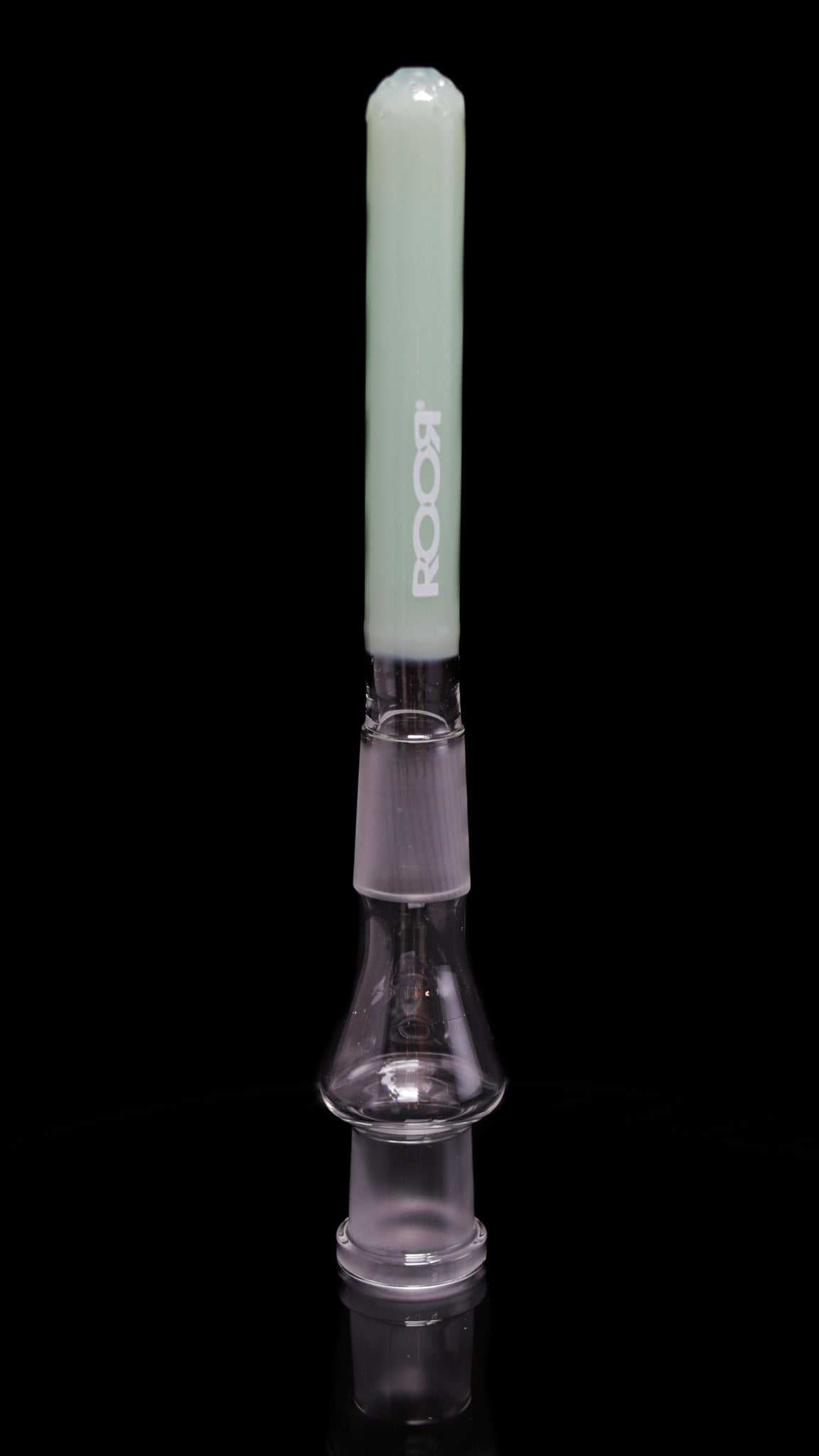 ROOR® 13-hole diffused low-profile downstem in milky mint green, 3 1/4 inches with 18mm female joint reducing to 14mm bowl fitting