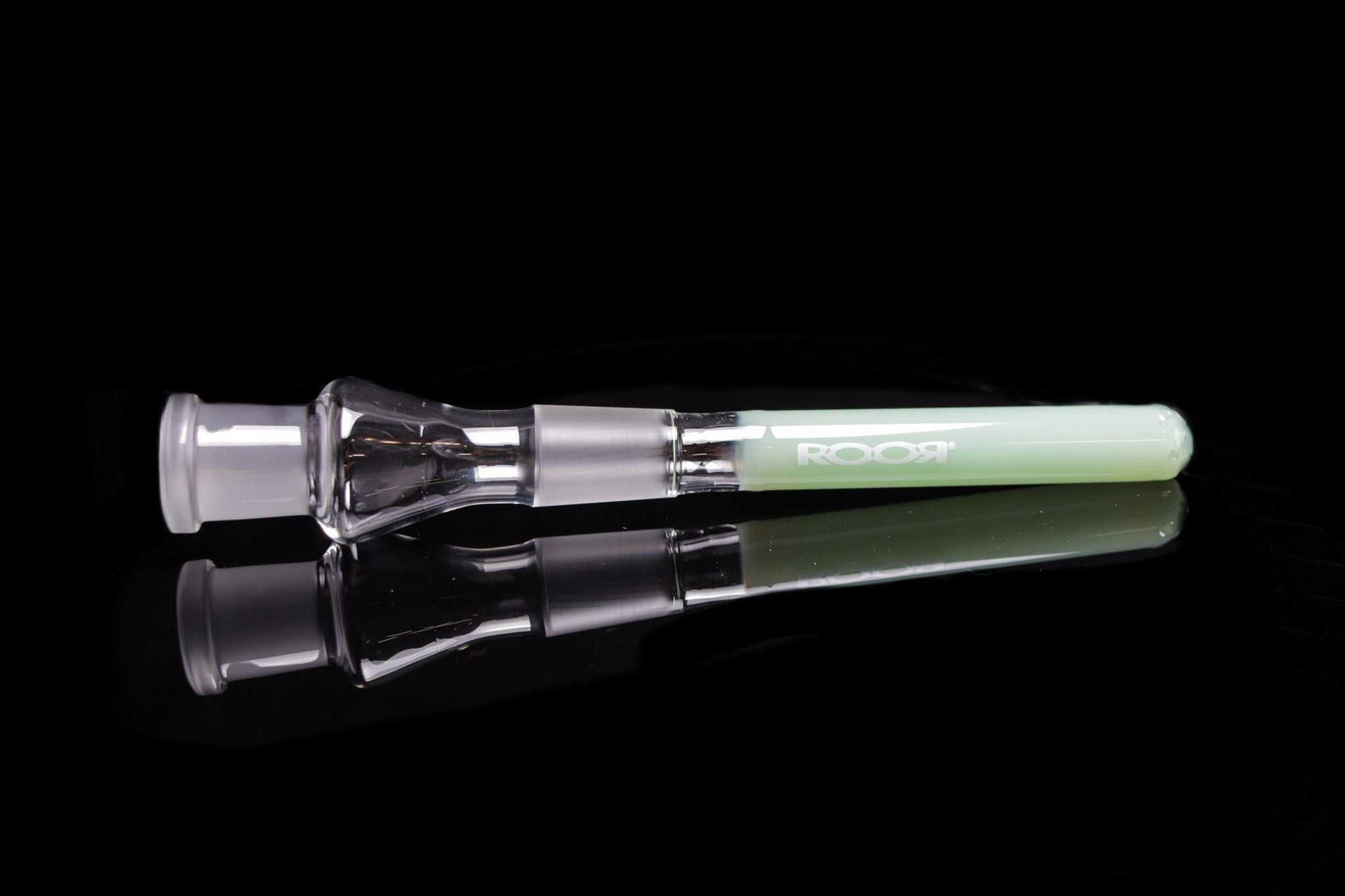 ROOR® 13-hole diffused low-profile downstem in milky mint green, 3 1/4 inches long with 18mm female joint reducing to 14mm bowl fitting.