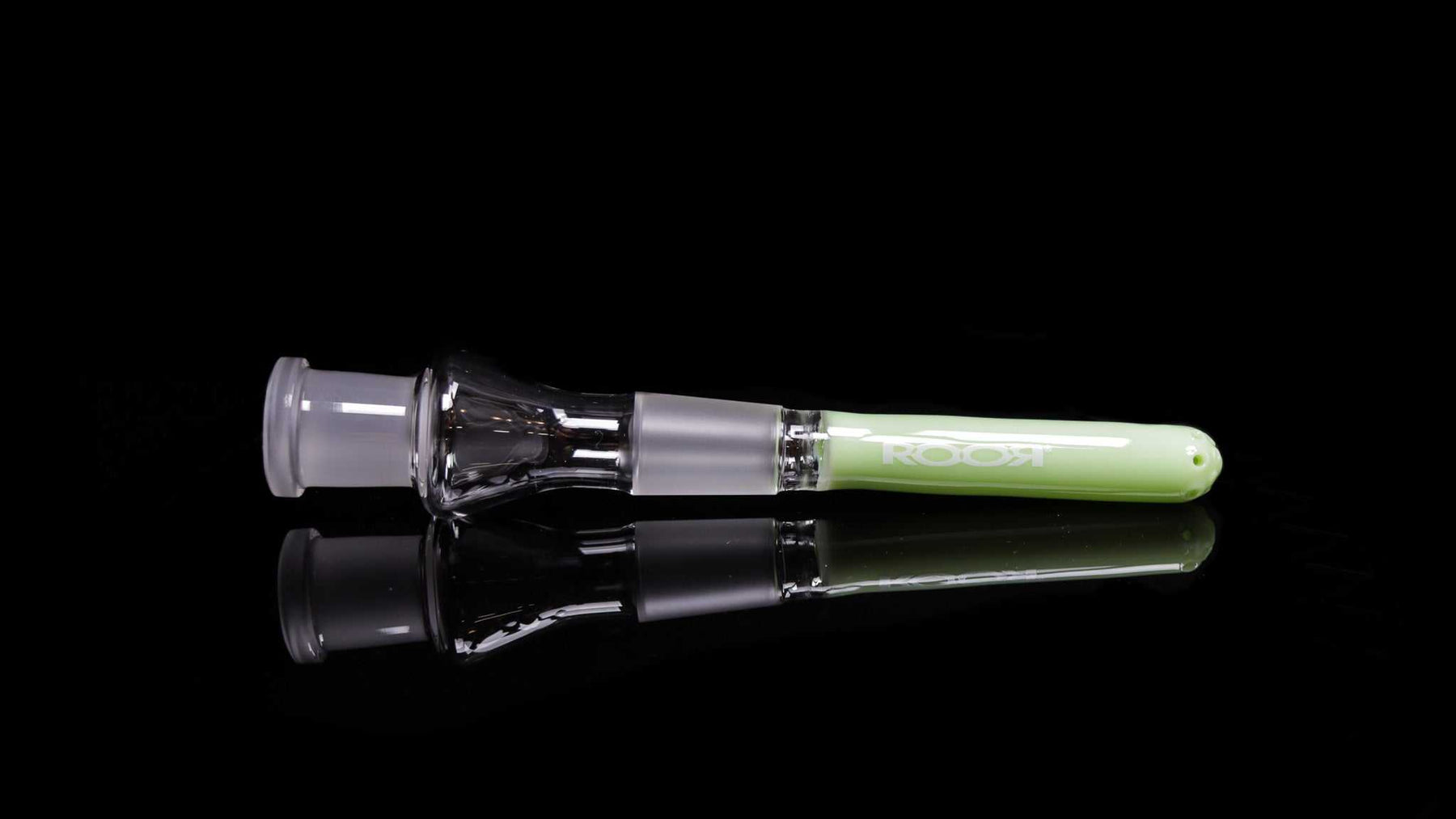 ROOR 13-hole diffused low-profile downstem in milky mint green glass, 3 1/4 inches long, designed for 18mm female joint to fit 14mm bowls.