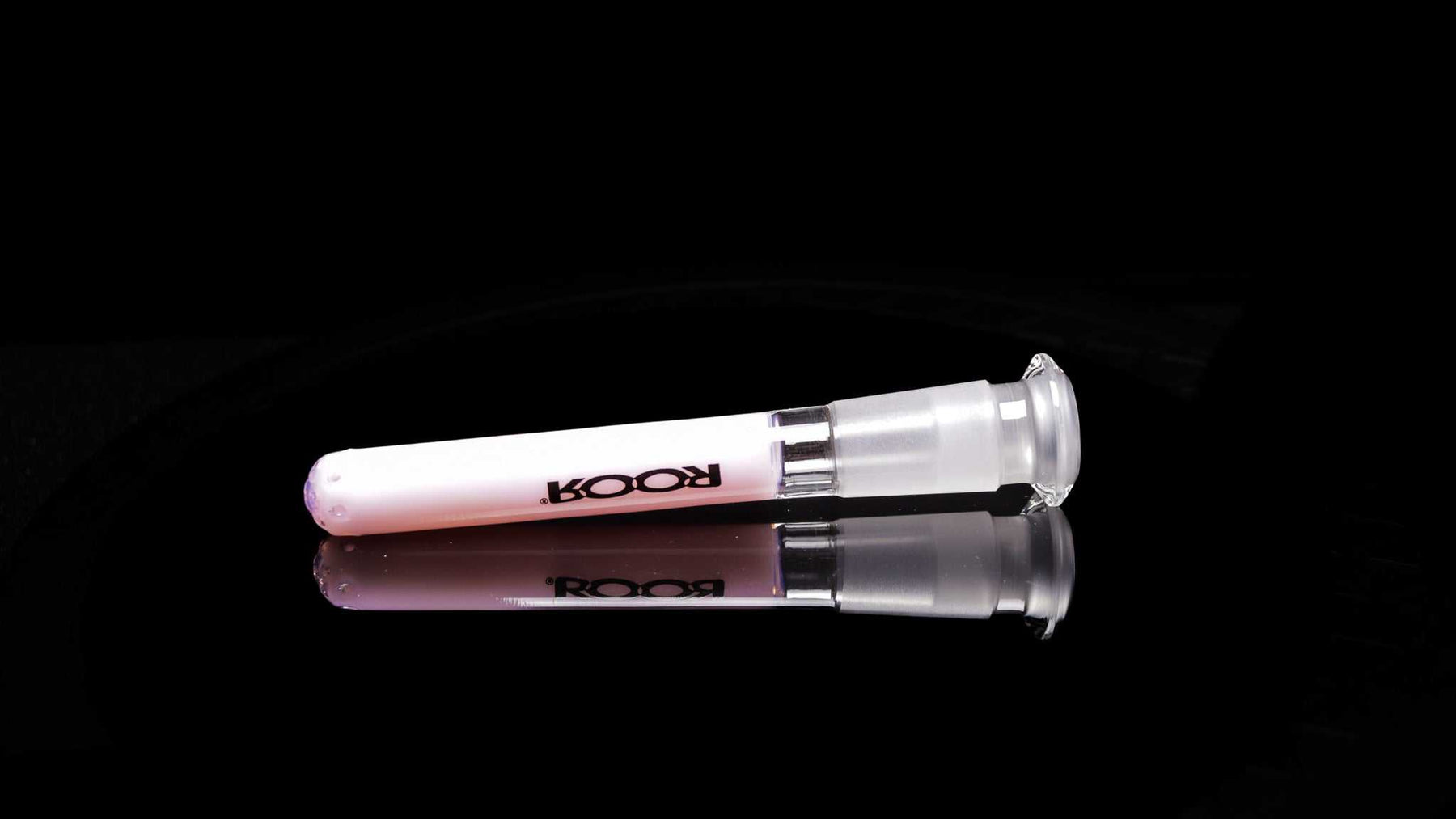 ROOR® pink 3 1/2” 13-hole diffused low-profile downstem with 18mm female joint and 14mm bowl reducer on black reflective surface