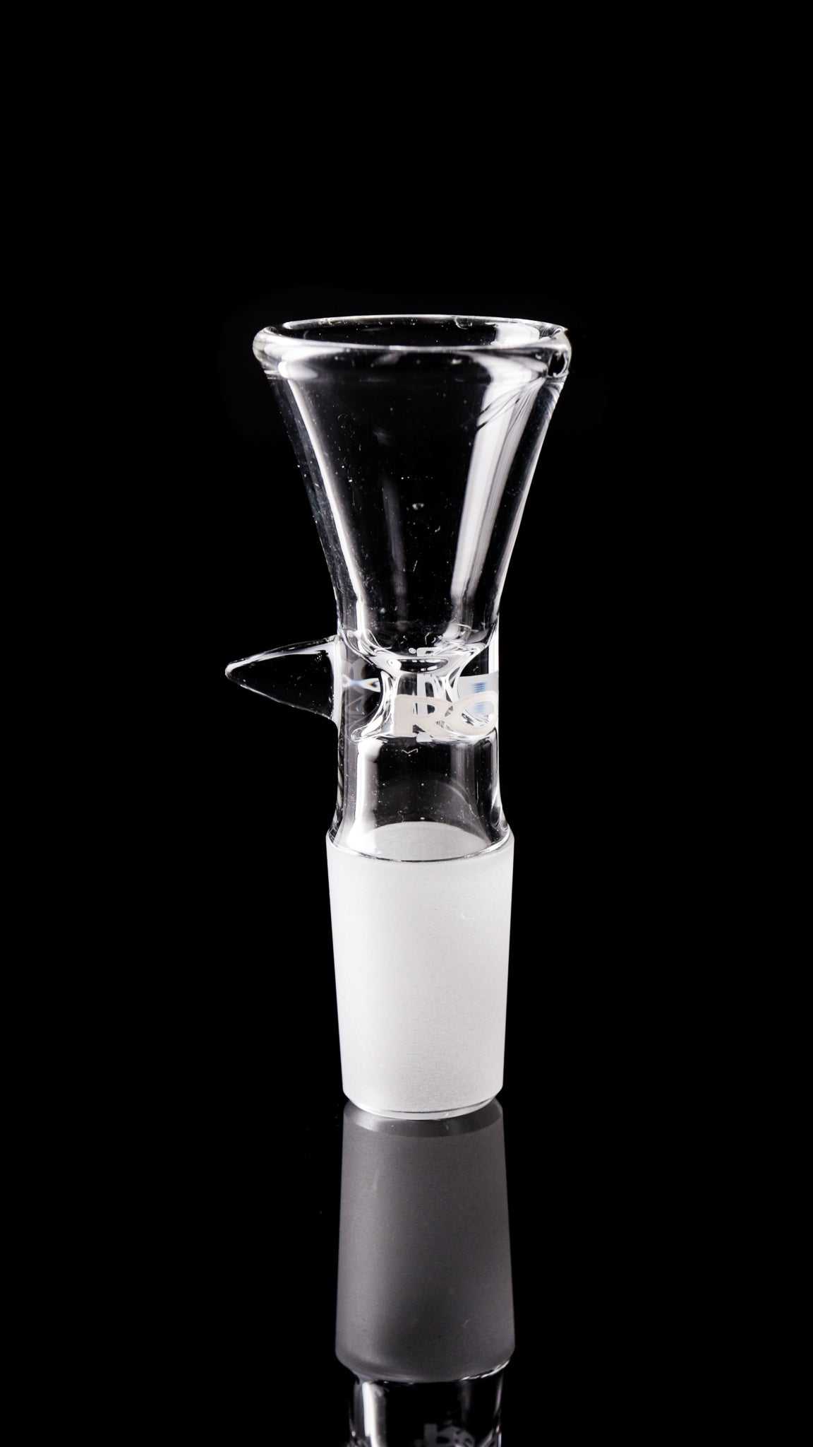 ROOR® 18mm classic funnel bowl with pointed handle style on black background.