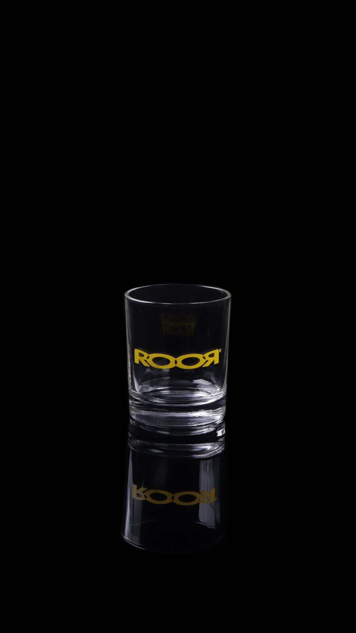 ROOR Rocks Glass 6oz with thick clear base and yellow decal.