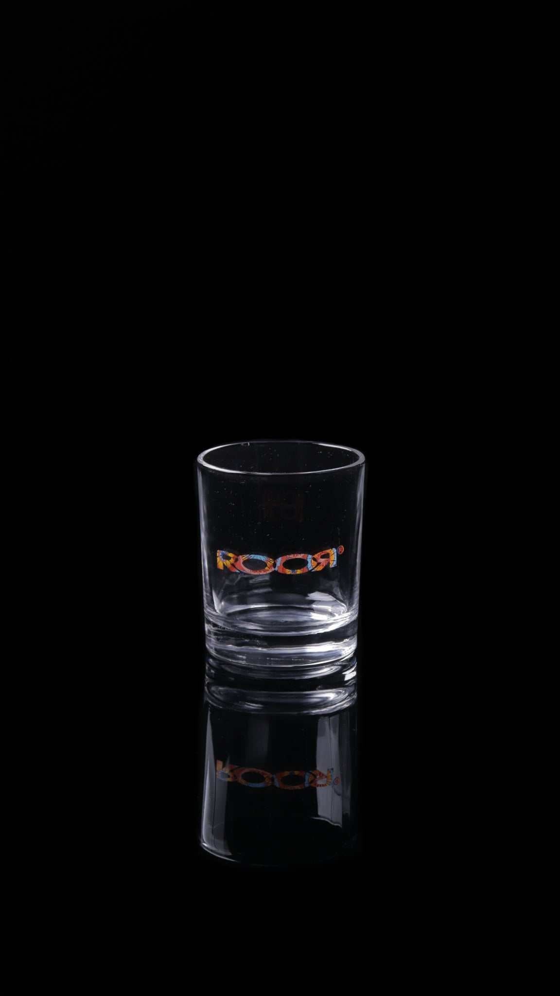 ROOR Rocks Glass 6oz with thick clear base and authentic ROOR decal.