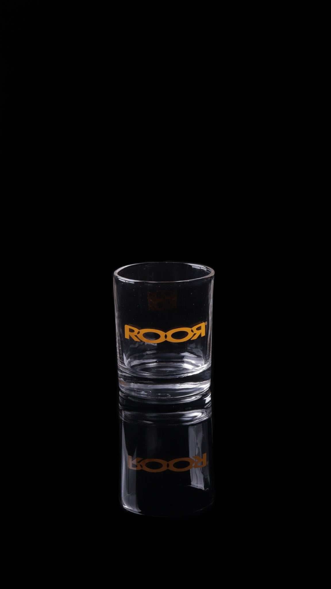 ROOR Rocks Glass 6oz with decal on thick clear base.