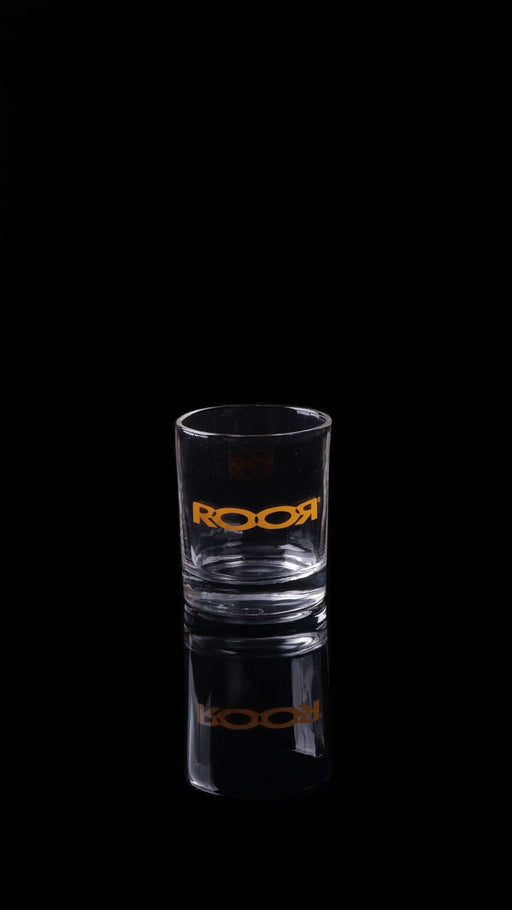 ROOR Rocks Glass 6oz with decal on thick clear base.