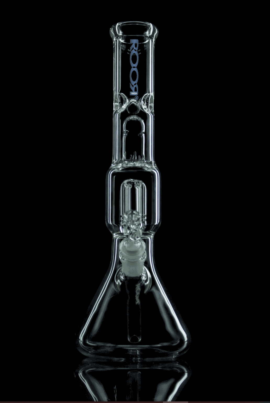 ROOR Tech 4-Arm Tree Beaker made from German Duran Schott glass with splash guard and ice-pinch.