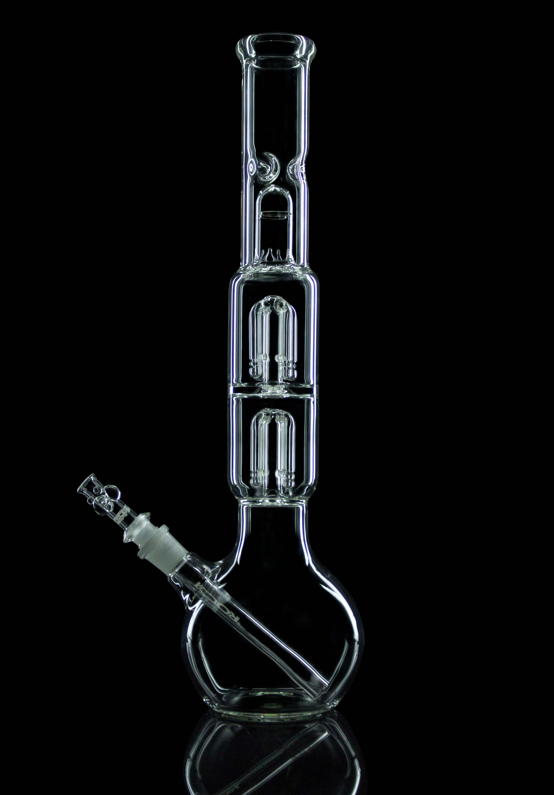 ROOR Tech Double 4-Arm Tree Bubble Base with splash guard and ice-pinch against black background.