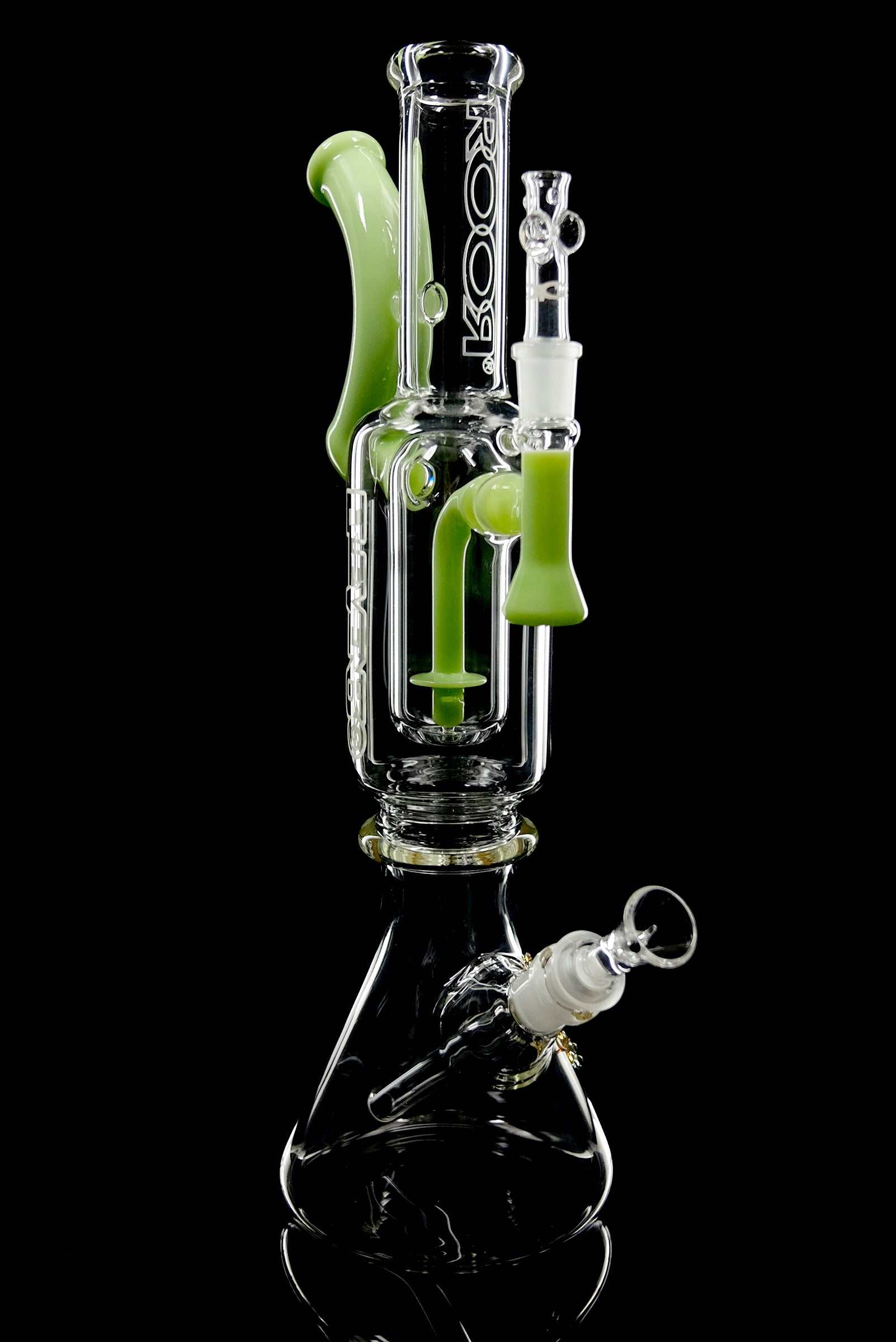 ROOR 1130 Beaker Green glass bong with green accents and clear glass body on black background