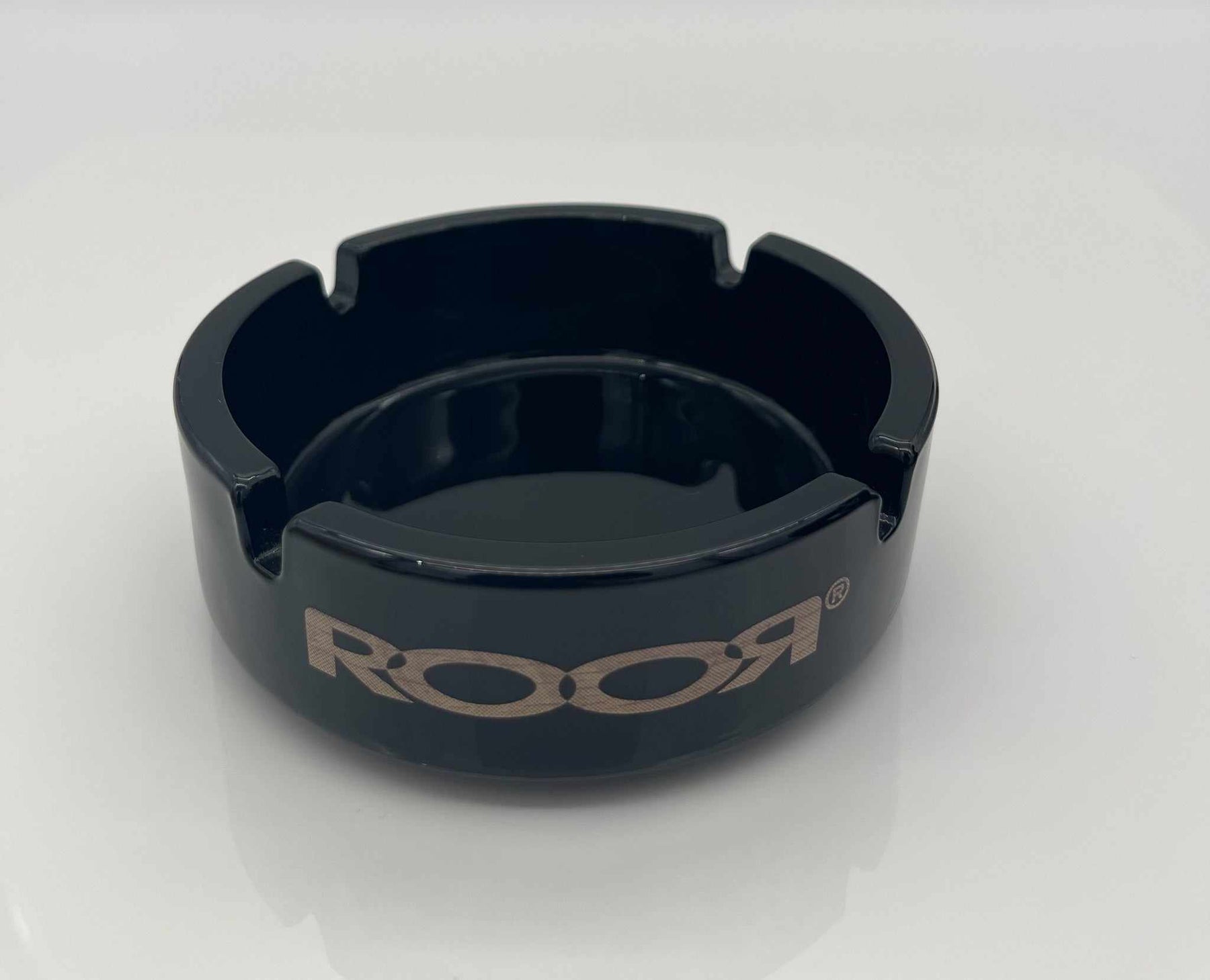 ROOR Collector Glass Ashtray LIMITED Black Edition, black glass with logo.