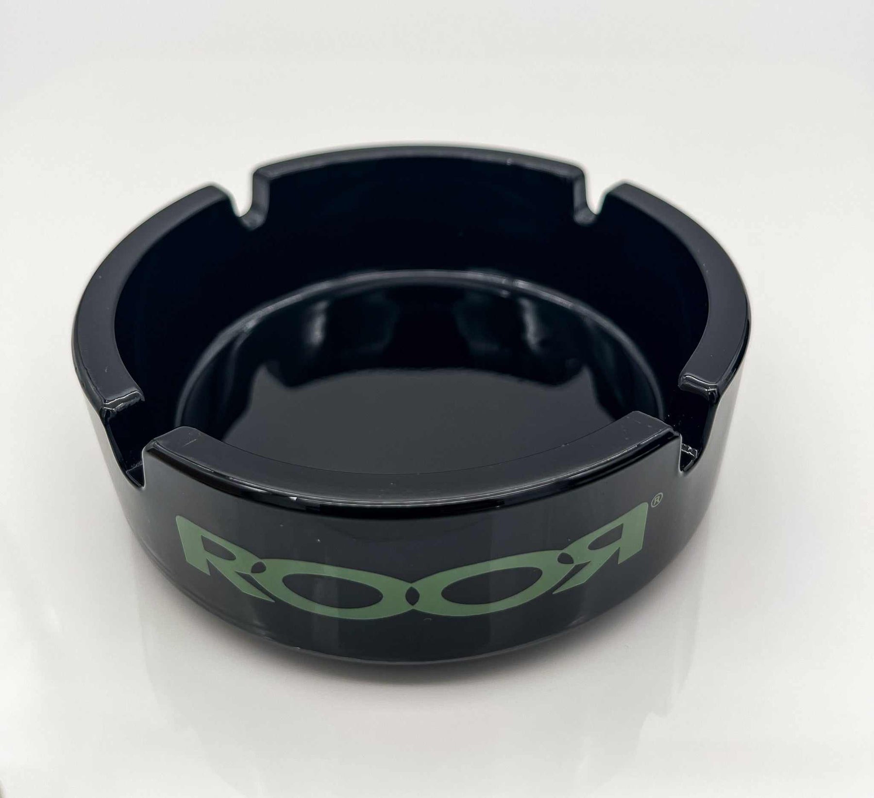 ROOR Collector Glass Ashtray LIMITED Black Edition with color decal.