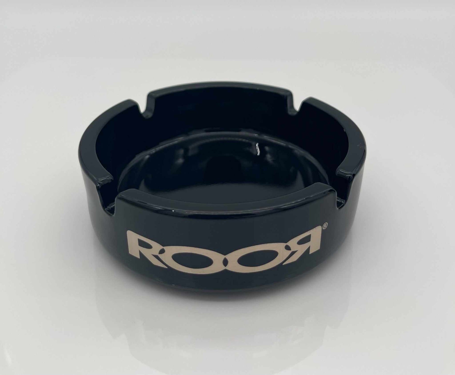 ROOR Collector Glass Ashtray LIMITED Black Edition with decal design.