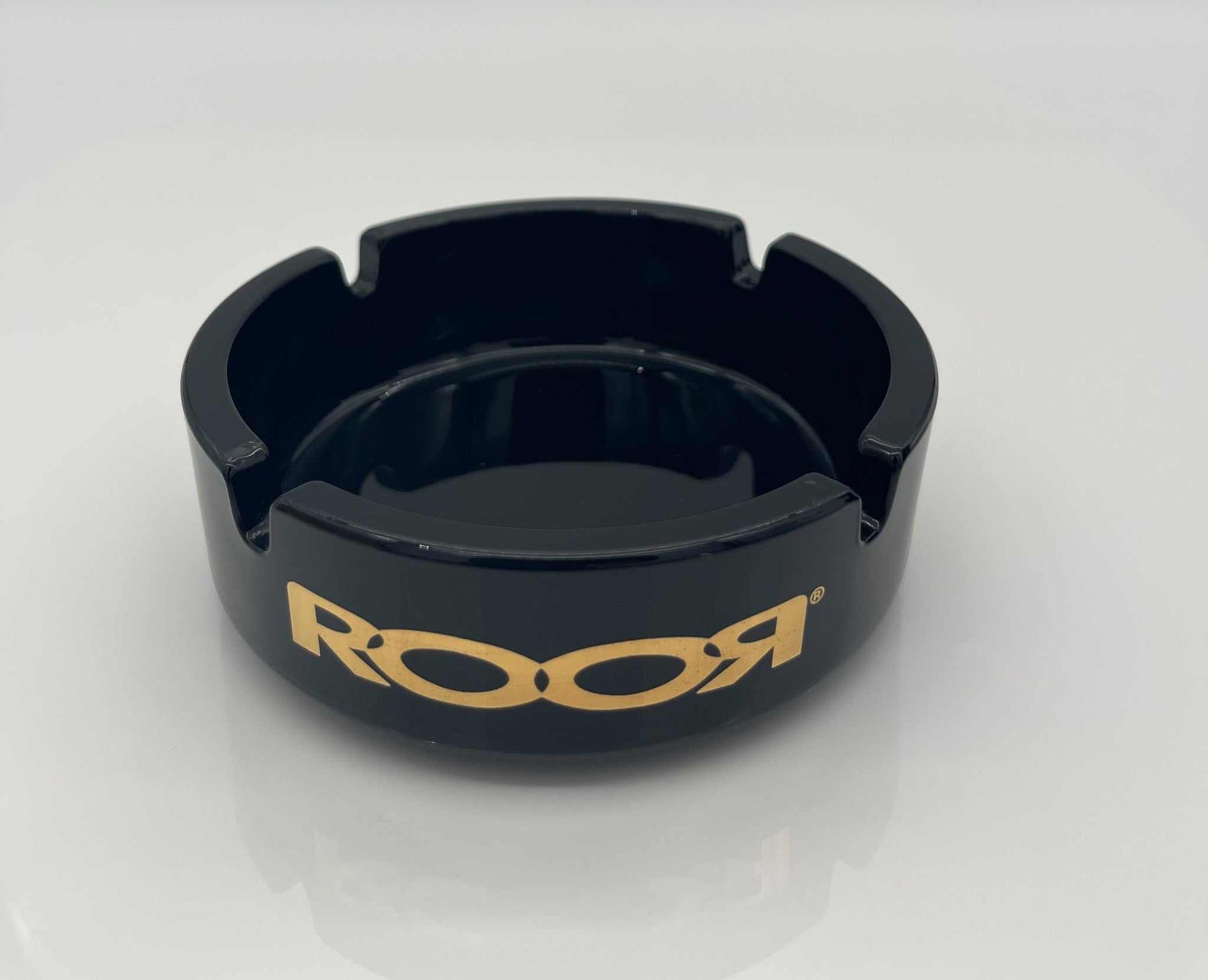 ROOR Collector Glass Ashtray LIMITED Black Edition with gold decal.