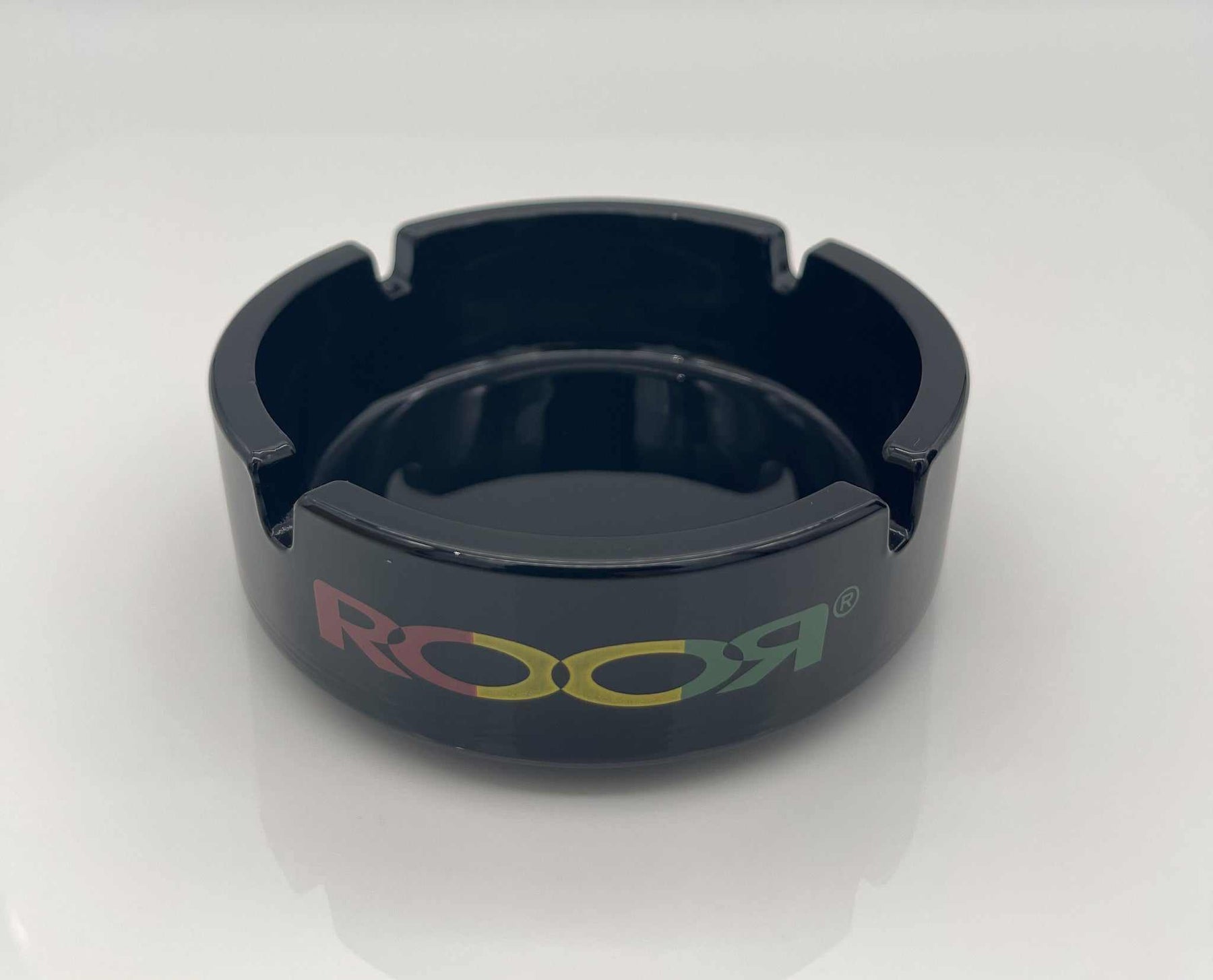 ROOR Collector Glass Ashtray LIMITED Black Edition with colorful decal.