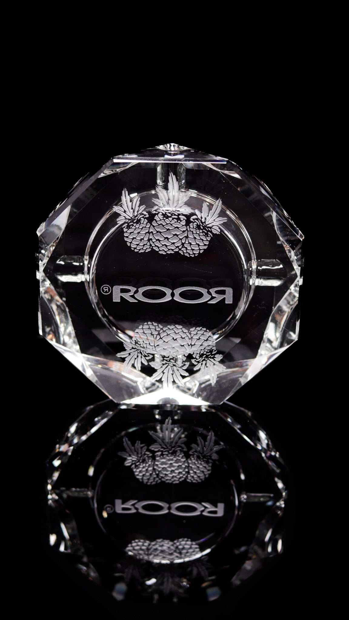 ROOR Glass Crystal Cut Ashtray with Pineapple Express design and engraved logo