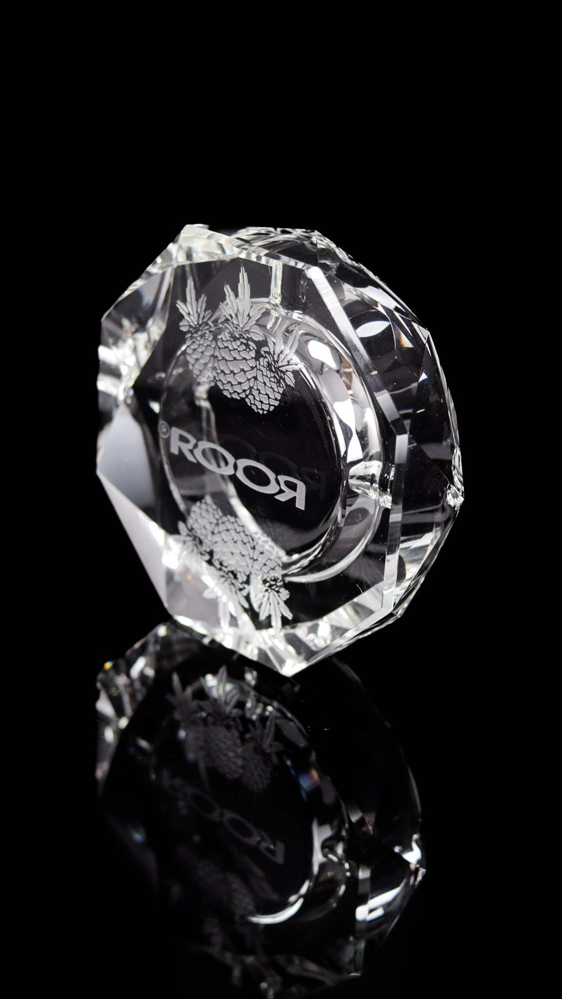 ROOR Glass Crystal Cut Ashtray with Pineapple Express engraving on black background