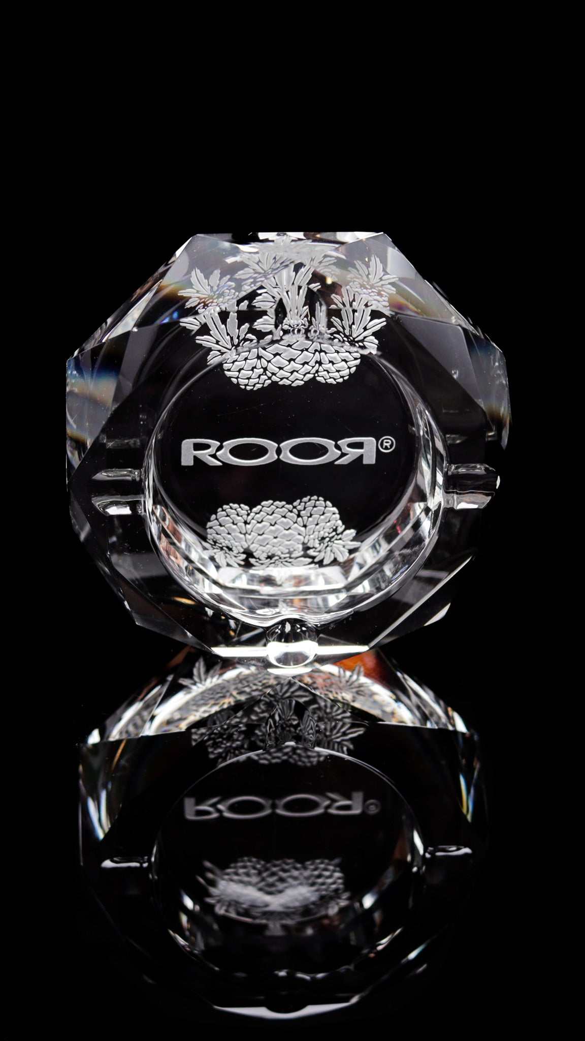 ROOR Glass Crystal Cut Ashtray Strains Pineapple Express with intricate hand-cut design and sandblasted engraving on clear crystal.