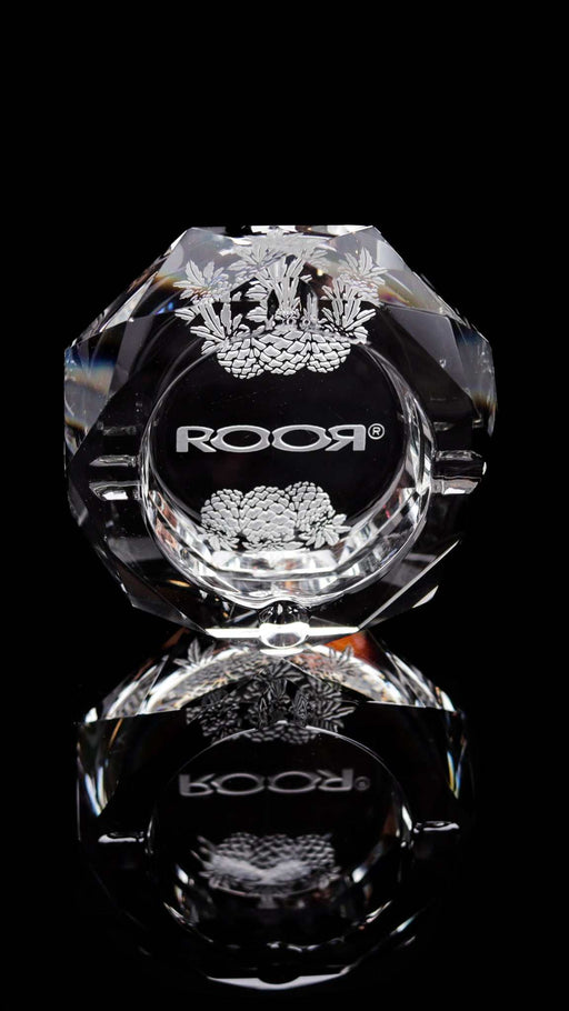 ROOR Glass Crystal Cut Ashtray Strains Pineapple Express with intricate hand-cut design and sandblasted engraving on clear crystal.